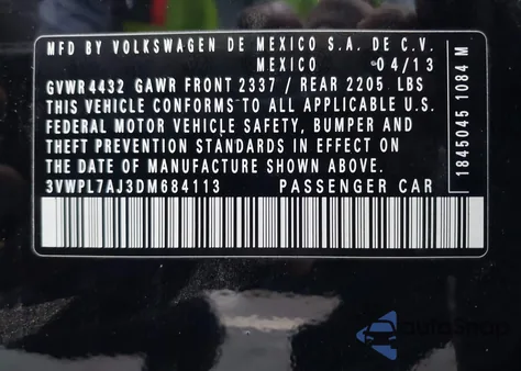 2013 Volkswagen Jetta Sportwagen 2.0L Tdi z USA, uszkodzony, nr VIN 3VWPL7AJ3DM684113